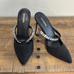 Express Black Crystal-Embellished Pointed Toe Mule Heels